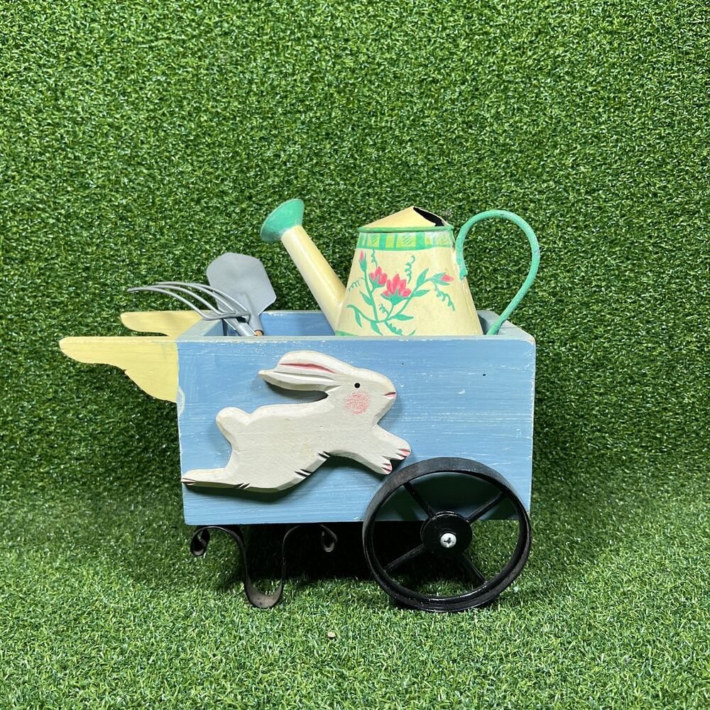 Vintage Doll Garden Cart Wagon Bunny Watering Can Tools Wood Metal 8"